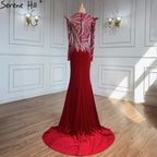 Muslim Mermaid Wine Red Evening Dresses Gowns 2025 Beaded  Elegant Satin For Women Party LA71449