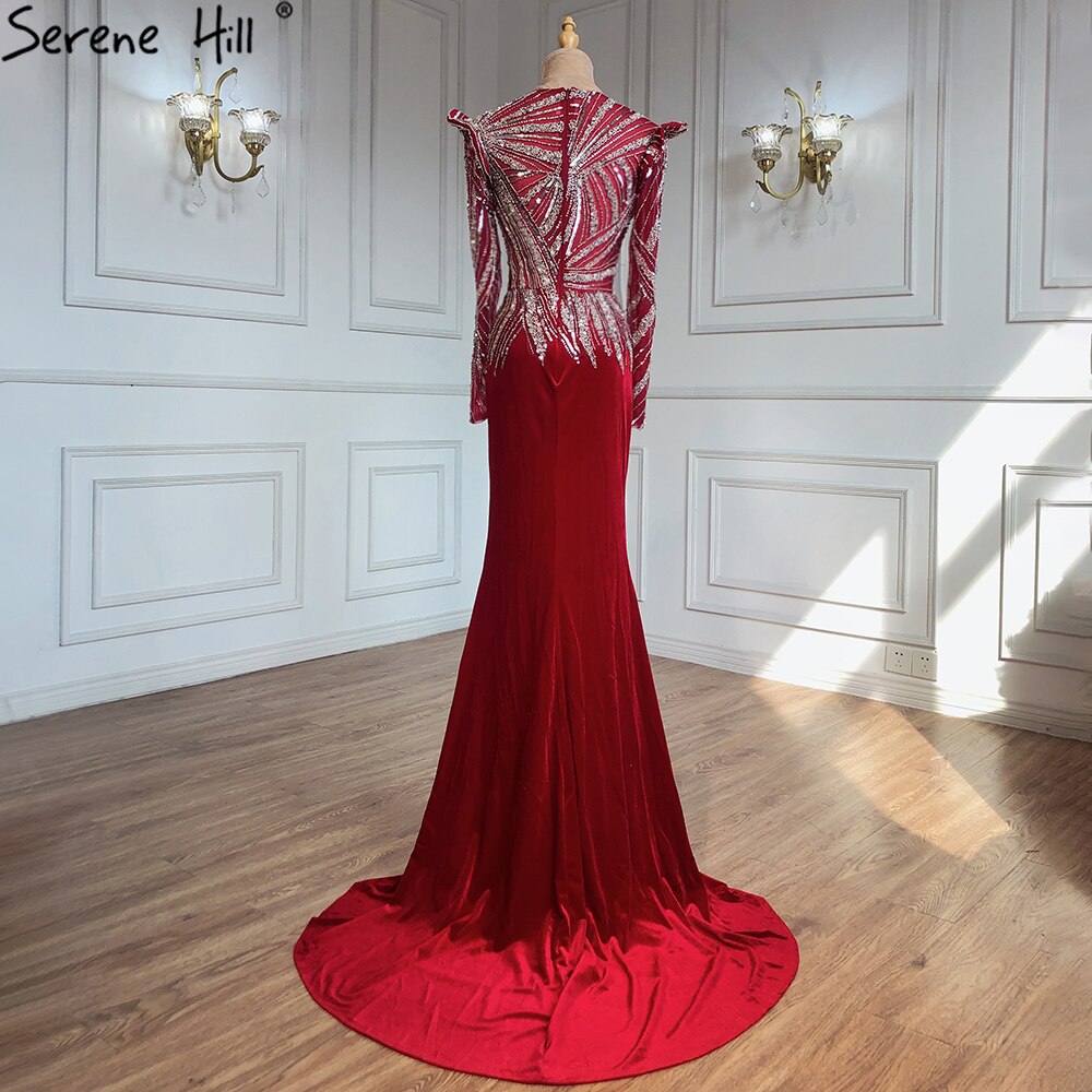 Muslim Mermaid Wine Red Evening Dresses Gowns 2025 Beaded  Elegant Satin For Women Party LA71449