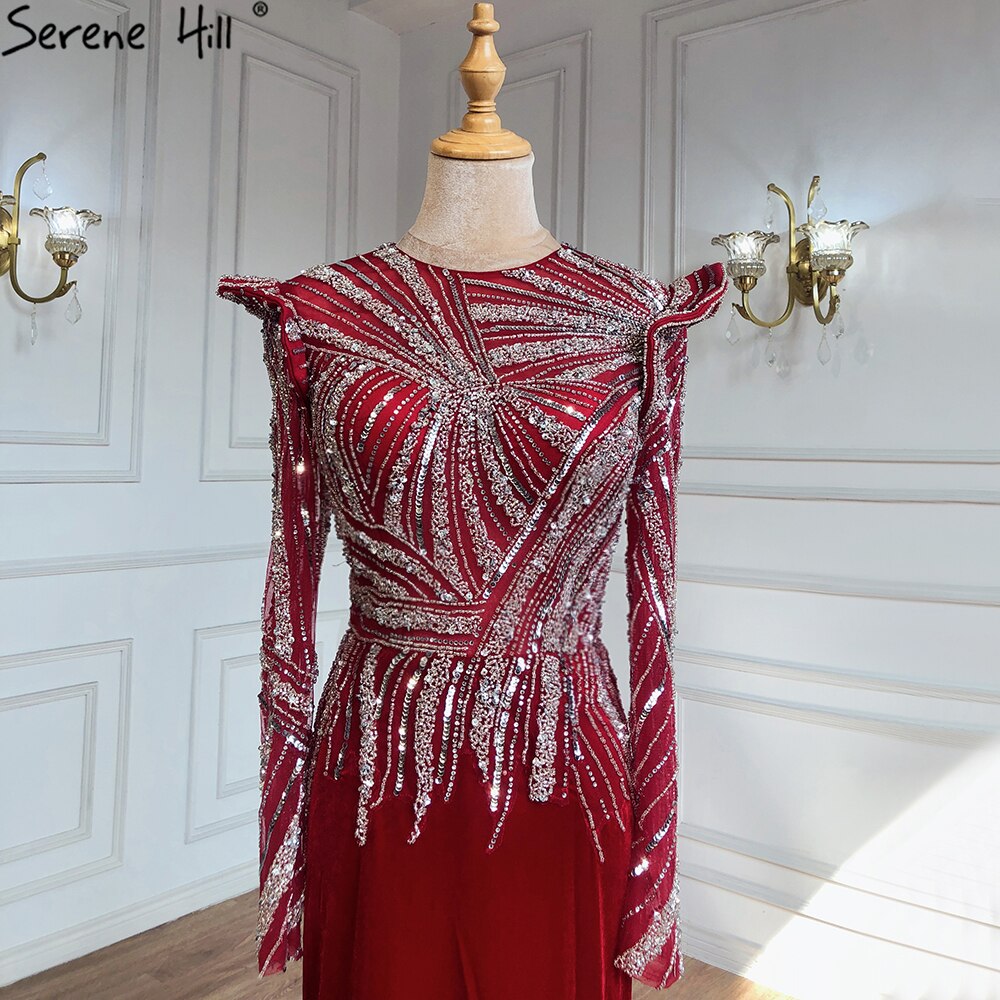 Muslim Mermaid Wine Red Evening Dresses Gowns 2025 Beaded  Elegant Satin For Women Party LA71449
