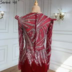 Muslim Mermaid Wine Red Evening Dresses Gowns 2025 Beaded  Elegant Satin For Women Party LA71449