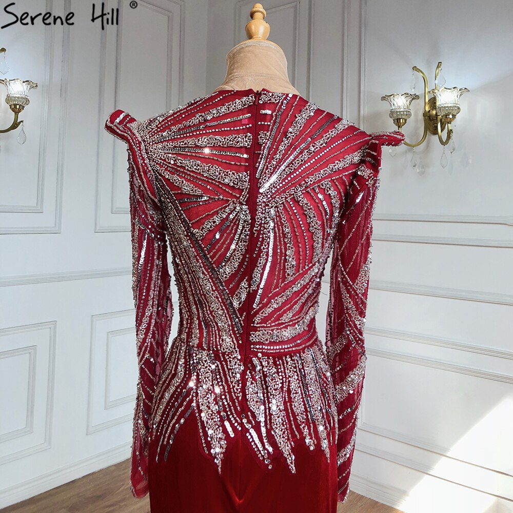 Muslim Mermaid Wine Red Evening Dresses Gowns 2025 Beaded  Elegant Satin For Women Party LA71449
