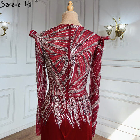 Muslim Mermaid Wine Red Evening Dresses Gowns 2025 Beaded  Elegant Satin For Women Party LA71449