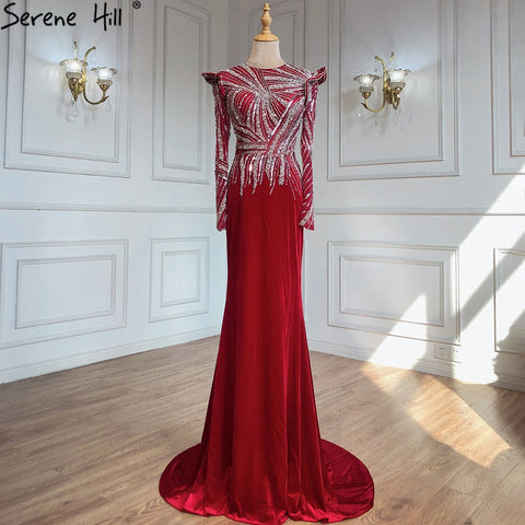 Muslim Mermaid Wine Red Evening Dresses Gowns 2025 Beaded  Elegant Satin For Women Party LA71449