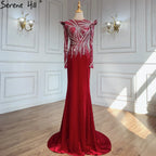 Muslim Mermaid Wine Red Evening Dresses Gowns 2025 Beaded  Elegant Velour For Women Party LA71449