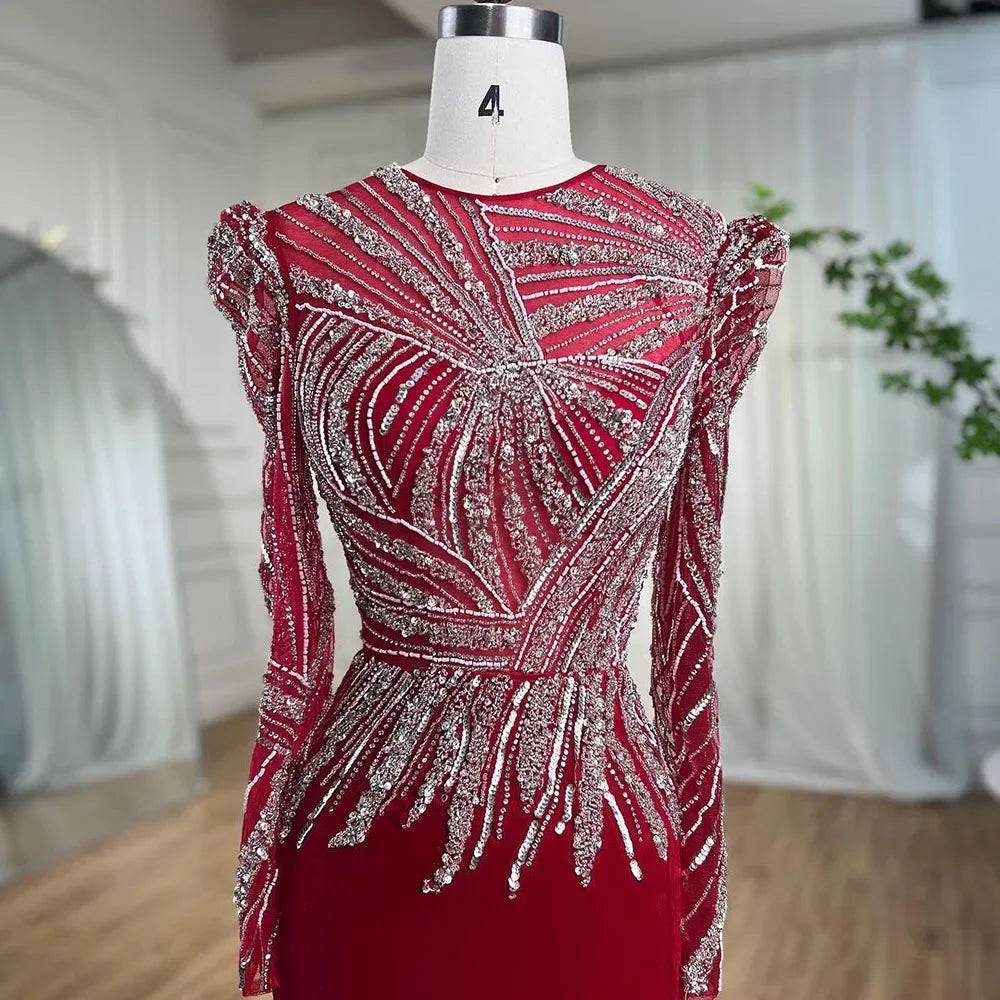 Muslim Mermaid Wine Red Evening Dresses Gowns 2025 Beaded  Elegant Velour For Women Party LA71449