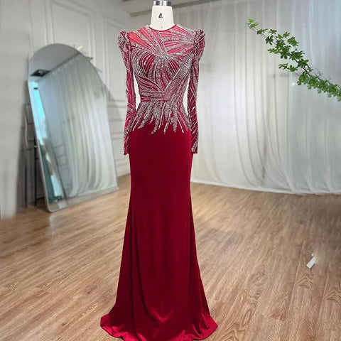 Muslim Mermaid Wine Red Evening Dresses Gowns 2025 Beaded  Elegant Velour For Women Party LA71449