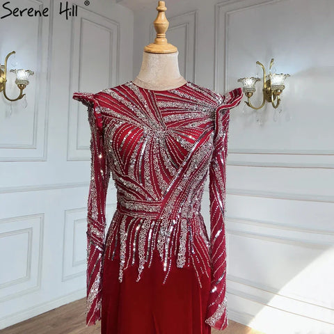 Muslim Mermaid Wine Red Evening Dresses Gowns 2025 Beaded  Elegant Velour For Women Party LA71449