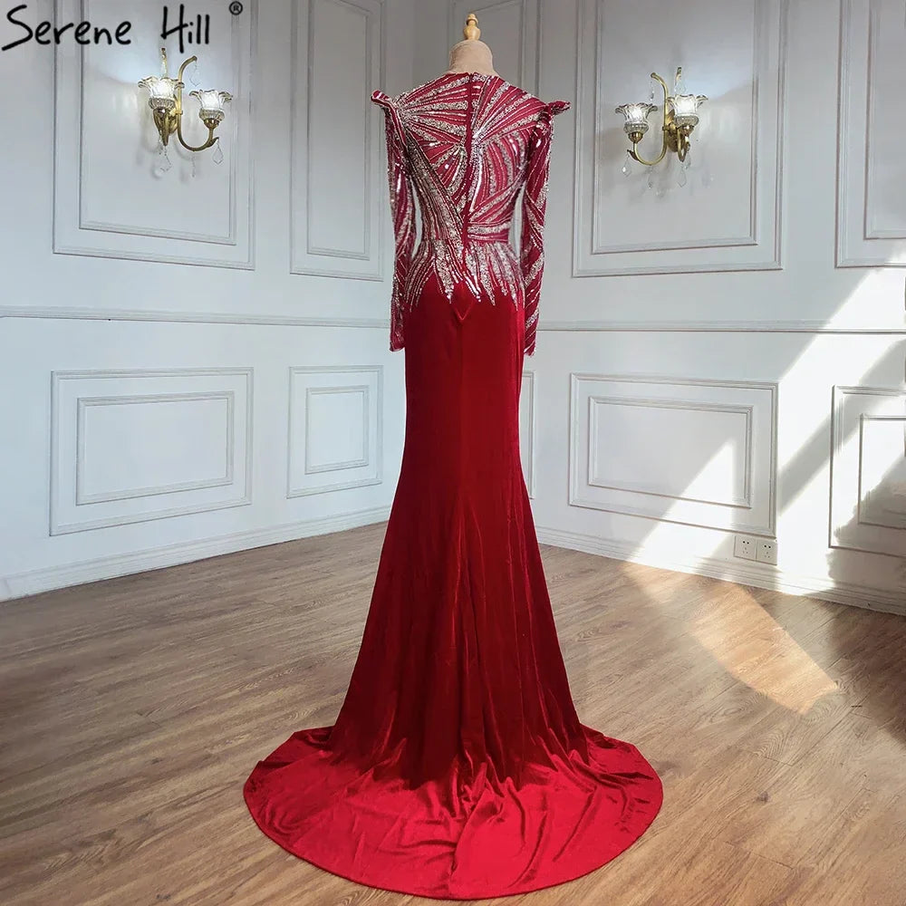 Muslim Mermaid Wine Red Evening Dresses Gowns 2025 Beaded  Elegant Velour For Women Party LA71449