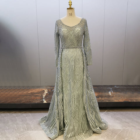 Muslim Mint A-Line Evening Dresses Gowns 2025 Beaded Overskirt Luxury For Women Party LA71658