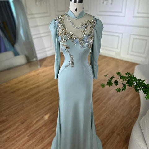 Muslim Mint Mermaid Beaded Satin Evening Dress Gown with Corset for Formal Occasion LA72797C  2025