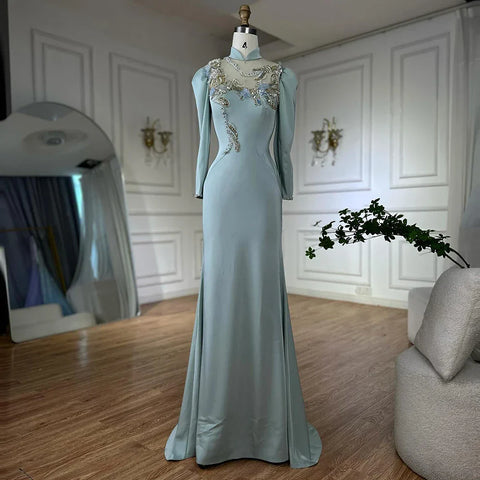 Muslim Mint Mermaid Beaded Satin Evening Dress Gown with Corset for Formal Occasion LA72797C  2025