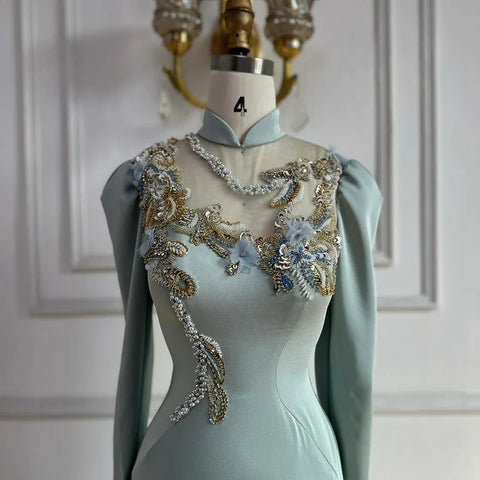 Muslim Mint Mermaid Beaded Satin Evening Dress Gown with Corset for Formal Occasion LA72797C  2025