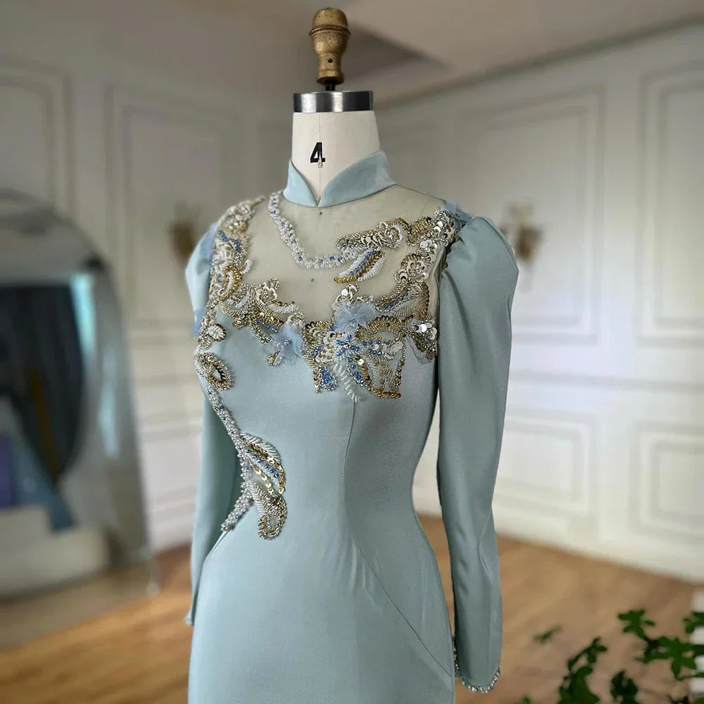 Muslim Mint Mermaid Beaded Satin Evening Dress Gown with Corset for Formal Occasion LA72797C  2025
