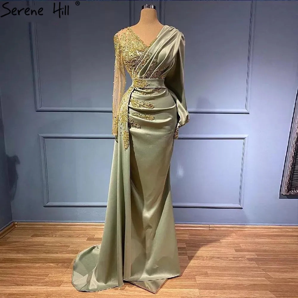 Muslim Mint Mermaid Elegant Beaded Satin Overskirt  Evening Dresses Gowns Plus Size 2025 For Women Party LA71278