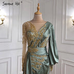 Muslim Mint Mermaid Elegant Beaded Satin Overskirt  Evening Dresses Gowns Plus Size 2025 For Women Party LA71278
