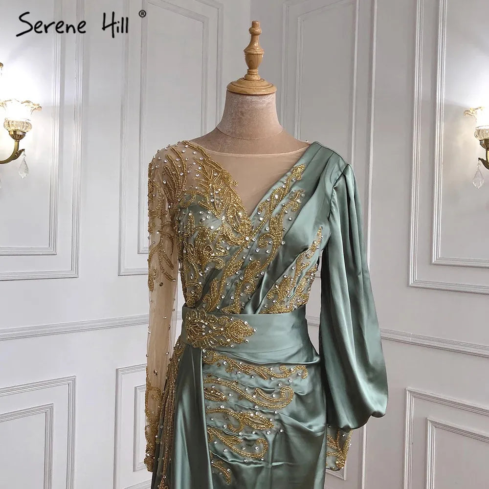 Muslim Mint Mermaid Elegant Beaded Satin Overskirt  Evening Dresses Gowns Plus Size 2025 For Women Party LA71278