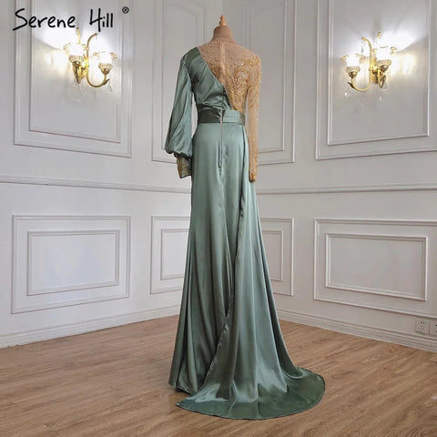 Muslim Mint Mermaid Elegant Beaded Satin Overskirt  Evening Dresses Gowns Plus Size 2025 For Women Party LA71278