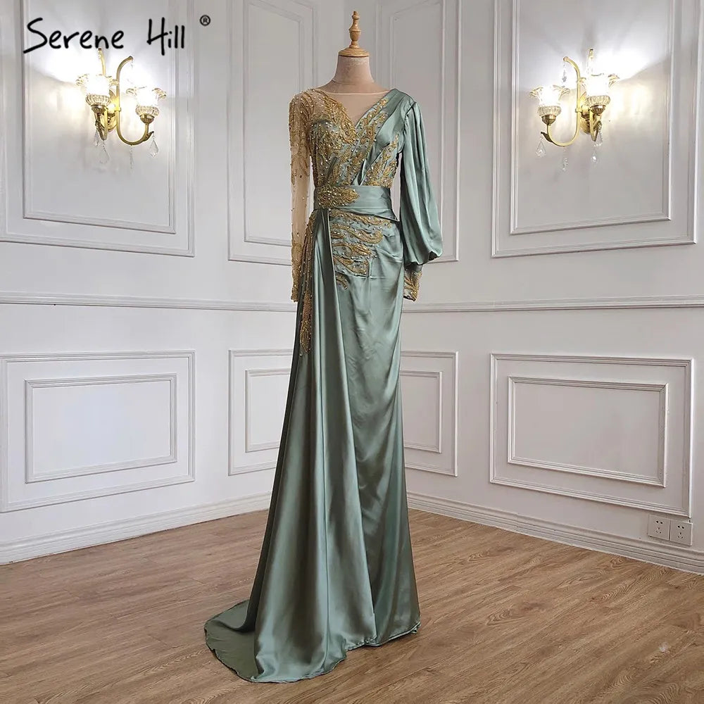 Muslim Mint Mermaid Elegant Beaded Satin Overskirt  Evening Dresses Gowns Plus Size 2025 For Women Party LA71278