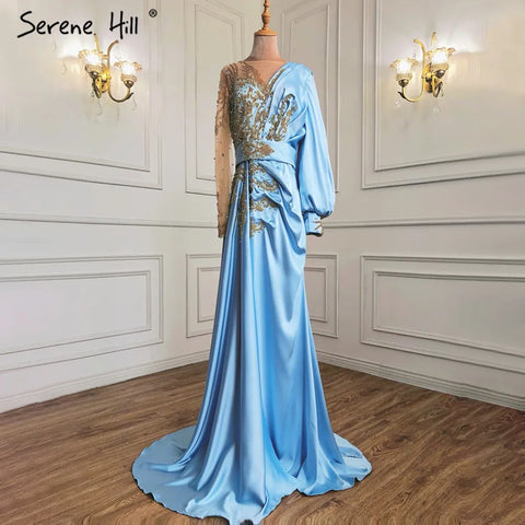 Muslim Mint Mermaid Elegant Beaded Satin Overskirt  Evening Dresses Gowns Plus Size 2025 For Women Party LA71278