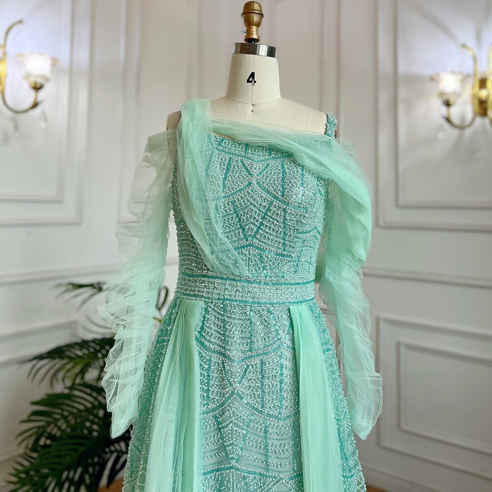 Muslim Mint Over Skirt A Line Beaded Luxury Dubai Long Evening Dresses Gowns 2025 For Women Wedding Party LA71924