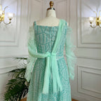 Muslim Mint Over Skirt A Line Beaded Luxury Dubai Long Evening Dresses Gowns 2025 For Women Wedding Party LA71924