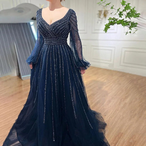 Muslim Navy Blue A-Line Beaded Luxury Arabic Evening Dresses Gowns 2025 For Women Wedding Party LA71867