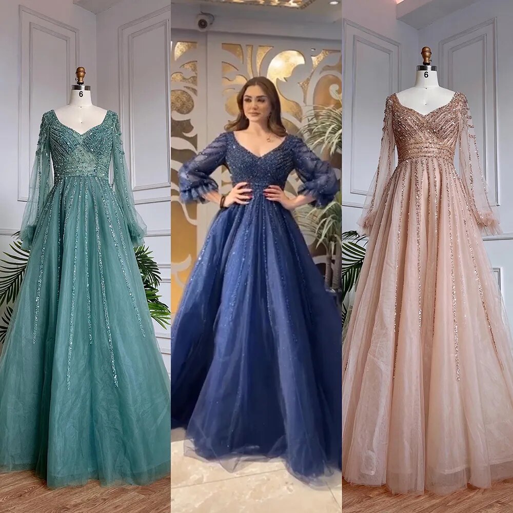 Muslim Navy Blue A-Line Beaded Luxury Arabic Evening Dresses Gowns 2025 For Women Wedding Party LA71867