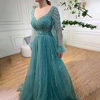 Muslim Navy Blue A-Line Beaded Luxury Arabic Evening Dresses Gowns 2025 For Women Wedding Party LA71867