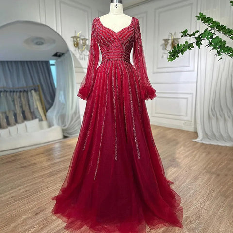 Muslim Navy Blue A-Line Beaded Luxury Arabic Evening Dresses Gowns 2025 For Women Wedding Party LA71867