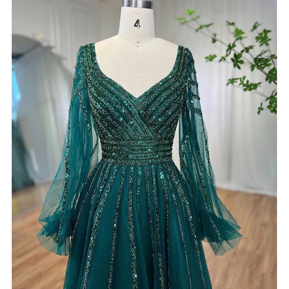 Muslim Navy Blue A-Line Beaded Luxury Arabic Evening Dresses Gowns 2025 For Women Wedding Party LA71867