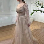 Muslim Navy Blue A-Line Beaded Luxury Arabic Evening Dresses Gowns 2025 For Women Wedding Party LA71867