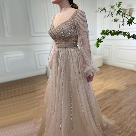 Muslim Navy Blue A-Line Beaded Luxury Arabic Evening Dresses Gowns 2025 For Women Wedding Party LA71867