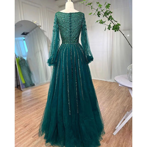Muslim Navy Blue A-Line Beaded Luxury Arabic Evening Dresses Gowns 2025 For Women Wedding Party LA71867