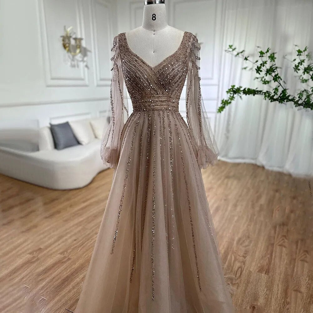 Muslim Navy Blue A-Line Beaded Luxury Arabic Evening Dresses Gowns 2025 For Women Wedding Party LA71867