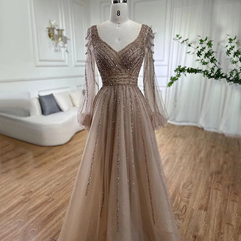 Muslim Navy Blue A-Line Beaded Luxury Arabic Evening Dresses Gowns 2025 For Women Wedding Party LA71867