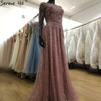 Muslim Navy Blue Luxury Evening Dresses Gowns 2025 A-Line Beaded Crystal For Women Party LA71145