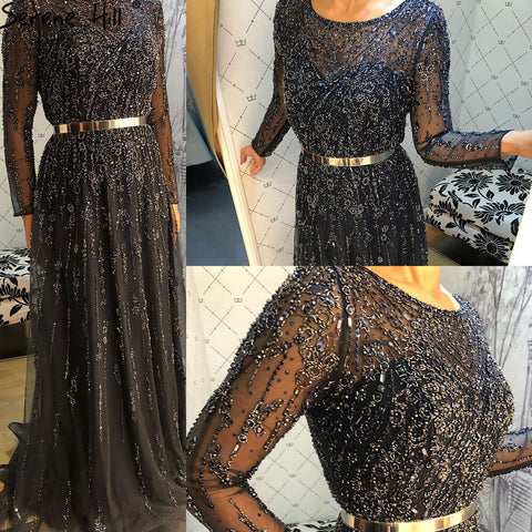Muslim Navy Blue Luxury Evening Dresses Gowns 2025 A-Line Beaded Crystal For Women Party LA71145