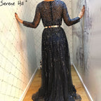 Muslim Navy Blue Luxury Evening Dresses Gowns 2025 A-Line Beaded Crystal For Women Party LA71145