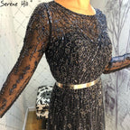 Muslim Navy Blue Luxury Evening Dresses Gowns 2025 A-Line Beaded Crystal For Women Party LA71145
