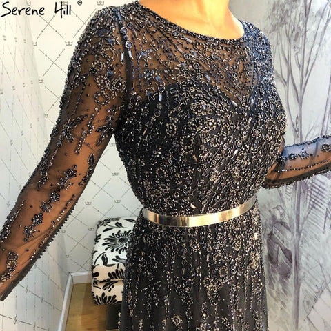 Muslim Navy Blue Luxury Evening Dresses Gowns 2025 A-Line Beaded Crystal For Women Party LA71145