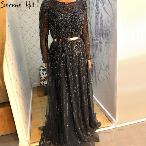 Muslim Navy Blue Luxury Evening Dresses Gowns 2025 A-Line Beaded Crystal For Women Party LA71145