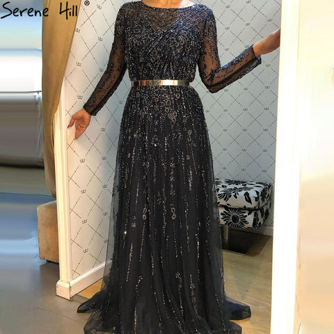 Muslim Navy Blue Luxury Evening Dresses Gowns 2025 A-Line Beaded Crystal For Women Party LA71145