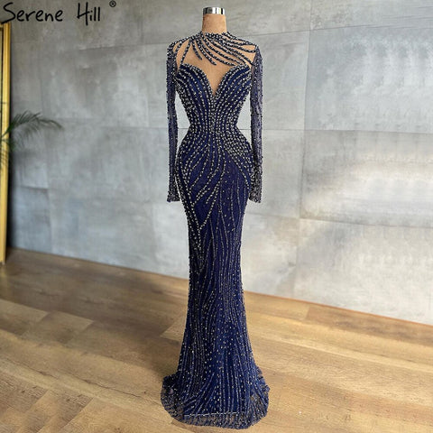 Muslim Navy Blue Luxury Evening Dresses Gowns 2025 Beaded Mermaid Elegant For Women Party LA71359