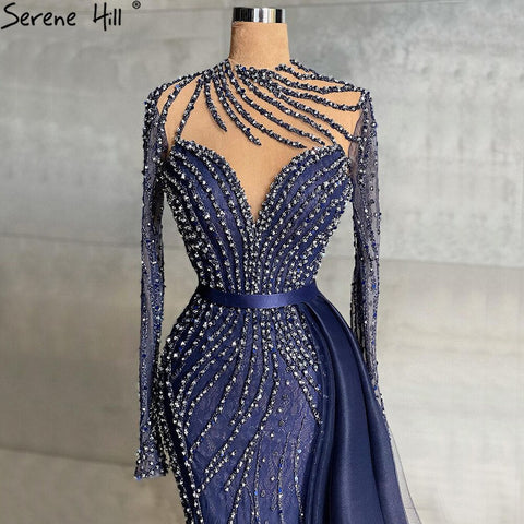 Muslim Navy Blue Luxury Evening Dresses Gowns 2025 Beaded Mermaid Elegant For Women Party LA71359