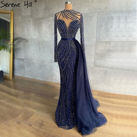 Muslim Navy Blue Luxury Evening Dresses Gowns 2025 Beaded Mermaid Elegant For Women Party LA71359