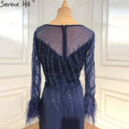 Muslim Navy Blue Meramaid Evening Dresses Gowns 2025 Luxury Elegant Beaded Feather For Women Party LA70978A