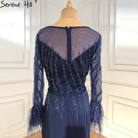 Muslim Navy Blue Meramaid Evening Dresses Gowns 2025 Luxury Elegant Beaded Feather For Women Party LA70978A