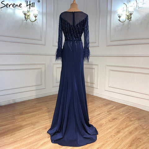 Muslim Navy Blue Meramaid Evening Dresses Gowns 2025 Luxury Elegant Beaded Feather For Women Party LA70978A