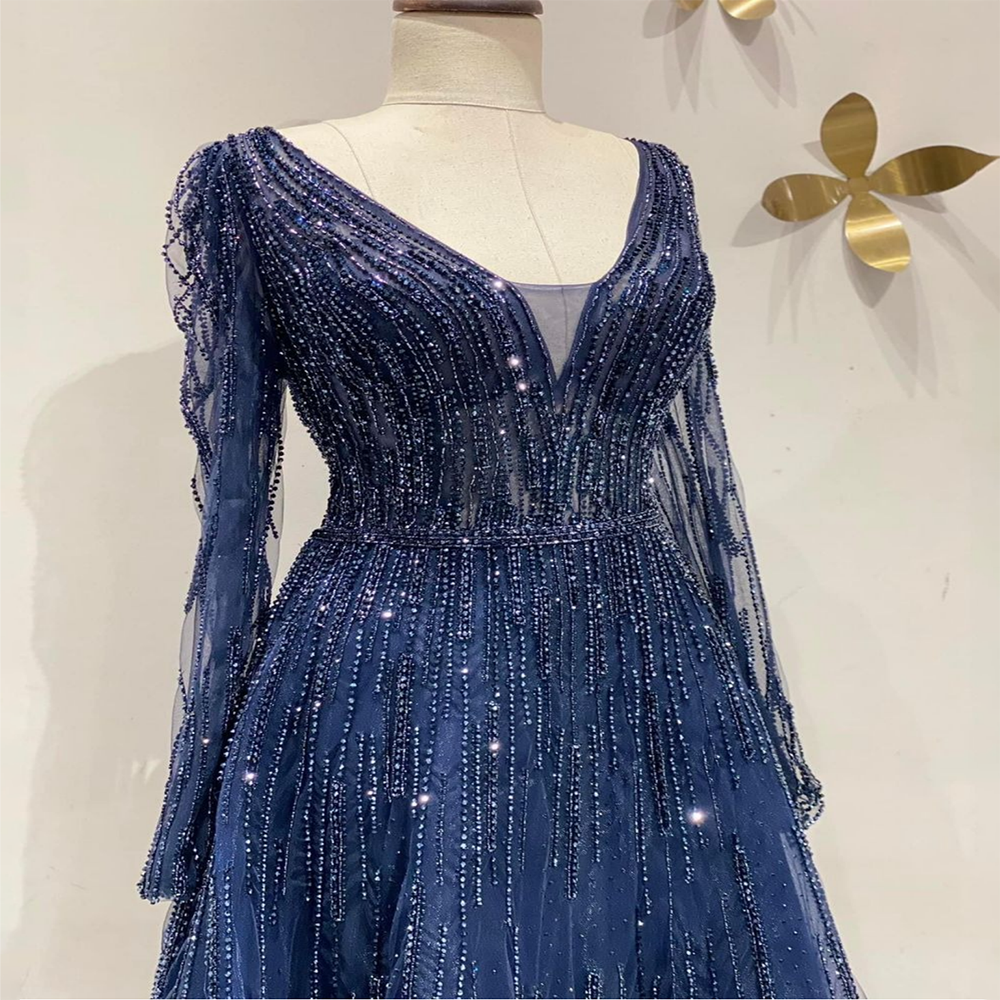 Muslim Navy Long Sleeves A-line Beaded Evening Dresses Forml Occasion Party Gowns For Women LA72019