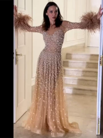 Muslim Nude A Line Elegant Feathers Beaded Luxury Dubai Evening Dresses Gowns For Women Wedding Party 2025 LA72074